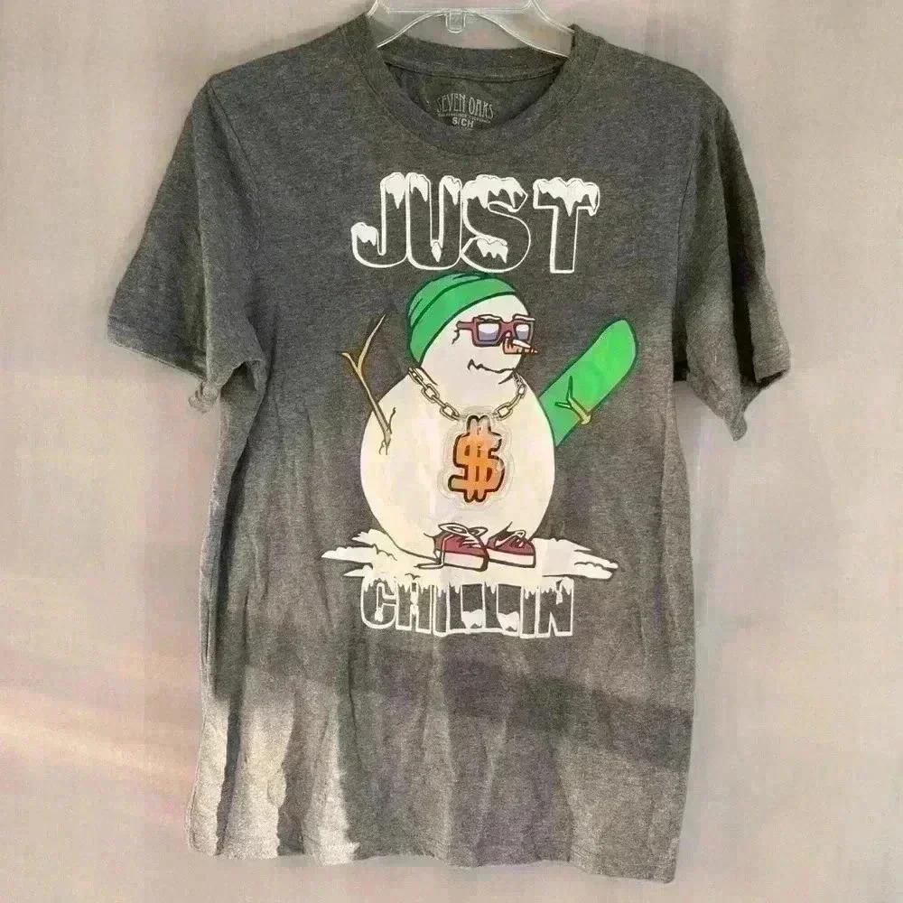 Seven Oaks Just Chillin Christmas Snowman TEE T SHIRT Short Sleeve Gray $ Sign